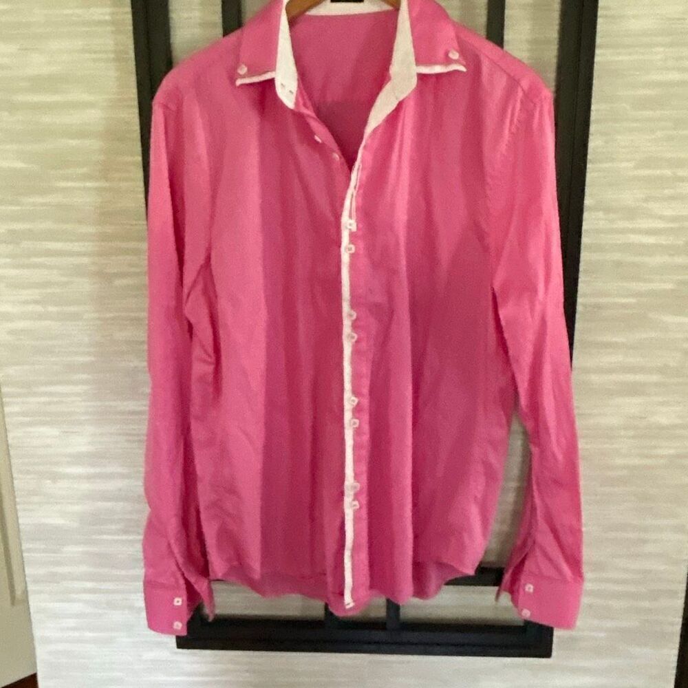 New Coofandy hot pink and white cotton long sleeve men's button down shirt size